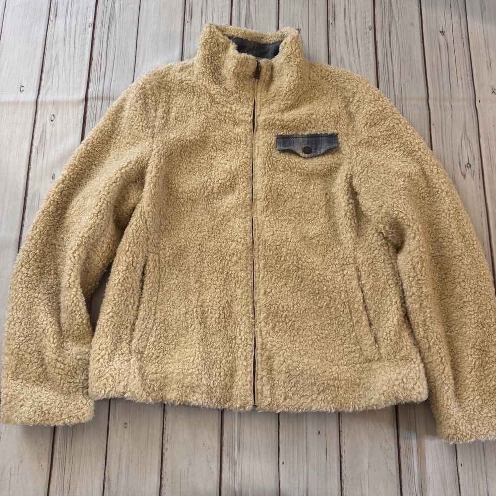 Pendleton Womens Sherpa Fleece Jacket M Cream Beige Blue Plaid Wool Trim Zip
